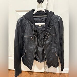 Women's Faux Leather Jacket with Removable Hood